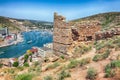 Scenic view of Balaklava bay with yachts and ruines of Genoese fortress Chembalo in Sevastopol city from the height Royalty Free Stock Photo