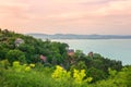 Scenic view of Balaton lake from castle hill near the Benedictine Abbey of Tihany at sunset, travel background, Hungary Royalty Free Stock Photo