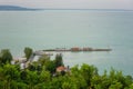 Scenic view of Balaton lake from castle hill near the Benedictine Abbey of Tihany at sunset, travel background, Hungary