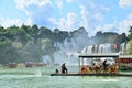 Scenic View of Ban Gioc Waterfall or Detian Waterfall with Bamboo Rafts Royalty Free Stock Photo