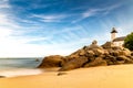 Scenic view of beach and lighthouse in Brittany Royalty Free Stock Photo
