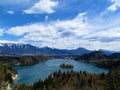 Scenic view of beautiful Bled lake and snow covered peaks of Karavanke mountains in Gorenjska, Slovenia Royalty Free Stock Photo