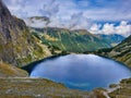 Scenic view. Beautiful green lake in the mountains. Norwegian landscape in sunny weather. Mountain reflection in the lake. Small