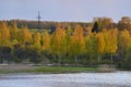 Scenic view at beautiful spring sunset on a shiny lake with green branches  birch trees  bushes  grass  calm water  deep blue Royalty Free Stock Photo