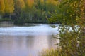 Scenic view at beautiful spring sunset on a shiny lake with green branches  birch trees  bushes  grass  calm water  deep blue Royalty Free Stock Photo