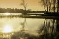 Scenic view at beautiful spring sunset with tree blurred reflection on a shiny lake.  golden sun rays, calm water ,  spring Royalty Free Stock Photo