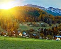Scenic view of beautiful sunrise in Austrian alps in Hallstatt mountains. Stunning view over old traditional rural country houses