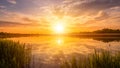 Scenic view of beautiful sunset or sunrise above the pond or lake at spring or early summer evening. Royalty Free Stock Photo