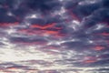 Scenic view of beautiful, vibrant violet and purple clouds, evening sky. Natural background Royalty Free Stock Photo