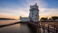 Scenic view of Belem Tower, Ponte 25 de Abril, Lisbon, Portugal, Europe. Royalty Free Stock Photo