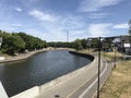 Scenic view of the bend of Svisloch river against trees and blue sky with cirrus clouds Royalty Free Stock Photo