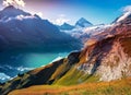 Scenic view on Bernese range above Bachalpsee lake Popular tourist attraction Location. Generative AI