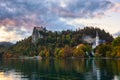 Scenic view of the Bled castle on the cliff at sunset, Bled lake Blejsko jezero in Slovenia, amazing autumn landscape Royalty Free Stock Photo