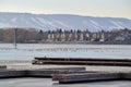 Scenic view of the Blue Mountains and Collingwood docks with large flock of seagulls