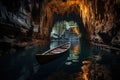 Scenic view of blue natural river with a boat in it in deep cave with stalactites