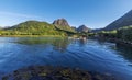 Scenic view of boat dock on the Trollfjord Trollfjorden bank. Royalty Free Stock Photo