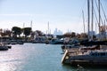 Scenic view of boats moored on Montrose Harbor in Chicago, Illinois, USA on a sunny day