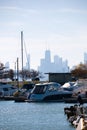 Scenic view of boats moored on Montrose Harbor in Chicago, Illinois, USA on a sunny day Royalty Free Stock Photo