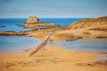 Scenic view of Bon-Secours beach and path to Grand Be island with tomb of Chateaubriand in Saint-Malo, Brittany, France