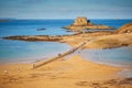 Scenic view of Bon-Secours beach and path to Grand Be island with tomb of Chateaubriand in Saint-Malo, Brittany, France