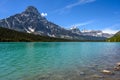 Scenic view of the Bow Lake with the surrounding mountains on the Icefields Parkway in Banff National Park Royalty Free Stock Photo