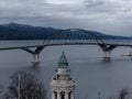 Scenic view of bridge over Lake Champlain with mountains. Royalty Free Stock Photo