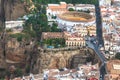 Scenic view of bridge Puente Nuevo, canyon and bullring, Ronda, Malaga, Andalusia, Spain. Aerial views