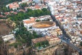 Scenic view of bridge Puente Nuevo, canyon, lookout and bullring, Ronda, Malaga, Andalusia, Spain. Aerial views