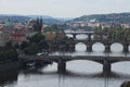 Scenic view of bridges on the Vltava river and historical center of Prague,buildings and landmarks of old town,Prague Royalty Free Stock Photo