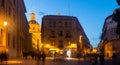 Busy Plaza de Anaya of Salamanca with illuminated buildings on spring evening