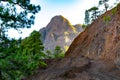 Scenic view on Caldera de Taburiente with green pine forest, ravines and rocky mountains near viewpoint Cumbrecita, La Palma,