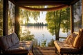 a scenic view of a calm lake from a cozy porch