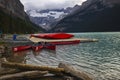 Scenic view of canoes in Lake Louise in Banff National Park, Canada Royalty Free Stock Photo