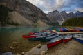 Scenic view of canoes in Lake Moraine in Banff National Park, Canada Royalty Free Stock Photo