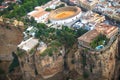 Scenic view of canyon, lookout and bullring, Ronda, Malaga, Andalusia, Spain. Aerial view