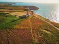 Scenic view of Cape Frehel with its lighthouse, one of the most popular tourist destinations in Brittany, France Royalty Free Stock Photo