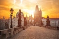 Scenic view of Charles Bridge Karluv Most and Lesser Town Tower Prague symbol at sunrise, Czech Republic Royalty Free Stock Photo