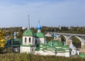 Scenic view of the Church of Nativity of the Virgin Pyatnitskaya church and Volga river bridge, Staritsa, Tver region, Russia Royalty Free Stock Photo