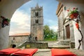 Scenic view of church and tower in small Hum town. Istria, Croatia