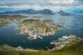 Scenic view of the city of Ballstad and the harbor at Lofoten Islands in autmun