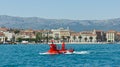 Split, Croatia - 07 22 2015 - Scenic view of the city with boat from the water, beautiful cityscape, sunny day