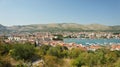 Scenic view of the city with mountain background, beautiful cityscape, sunny day, Trogir, Dalmatia, Croatia