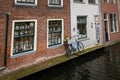 Picturesque view of a typical Dutch canal house in Delft, Netherlands