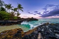 Scenic view of the cloudy sky and sunset over the  wavy pacific ocean on Maui beach, Hawaii Royalty Free Stock Photo