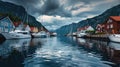 Scenic view of colorful houses and boats in Norwegian fjord