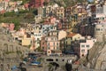 Scenic view of colorful village Manarola and ocean coast in Cinque Terre