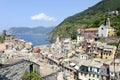 Scenic view of colorful village Vernazza and ocean coast Royalty Free Stock Photo