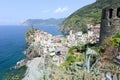 Scenic view of colorful village Vernazza and ocean coast Royalty Free Stock Photo