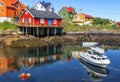 Scenic view of Colorful wooden buildings in Henningsvaer in summer. Royalty Free Stock Photo