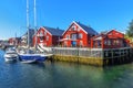 Scenic view of Colorful wooden buildings in Henningsvaer in summer. Royalty Free Stock Photo